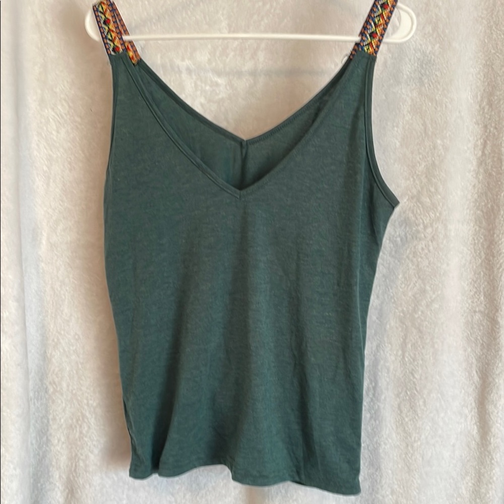 Green Sleeveless Women’s Tank Top with Patterned Straps Size S
